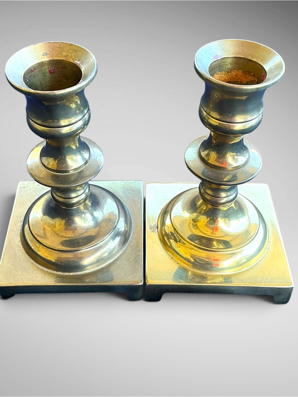 Candlestick Holders Vintage Solid Brass Pair Square Base USA 4.5” Heavy